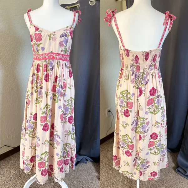 Patrons of Peace Floral Tie Strap Midi Dress Boho Cottagecore Smocked Medium - Image 2