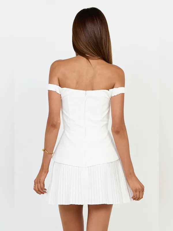 SHOWPO Izara Off The Shoulder Pleated Mini Dress In White - Image 5
