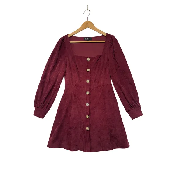 Lulus Burgundy Corduroy Button Front Mini‎ Dress Long Sleeve Square Neck XS NEW - Image 2