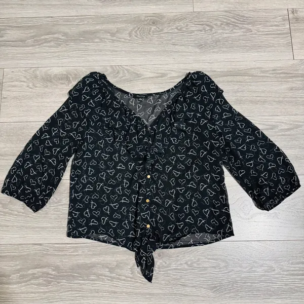 Timing Black Sheer Heart Print Ruffle Tie Front Blouse Top Women Sz L‎ Celestial - Image 7