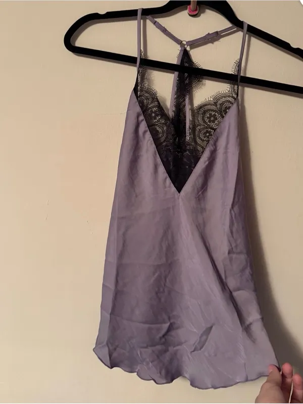 Free People NWT Tank XS Lilac Purple Satin Cami with Black Lace Trim - Image 2