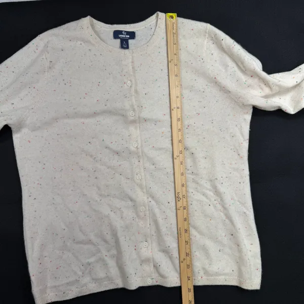 Lands End L Cardigan Sweater Cream Rainbow Speckled Cashmere Classic Button Up - Image 10