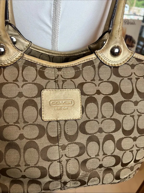 Coach Beige Signature Canvas Tote with Gold Trim - Image 2