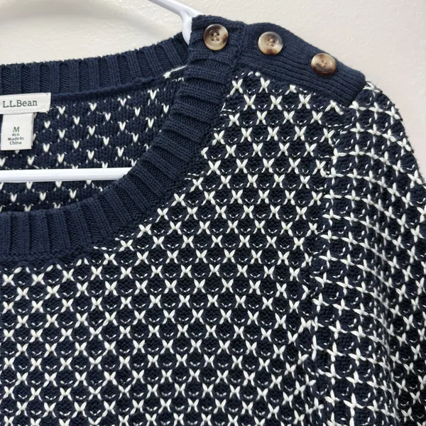 LL Bean Navy Blue White Crew Neck Pullover Cotton Button‎ Detail Sweater MEDIUM - Image 5