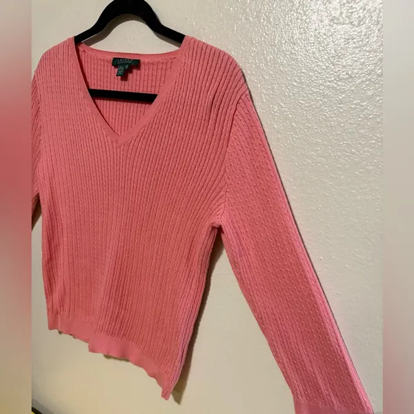 Lauren Ralph Lauren Pink Cotton V-Neck Knit Sweater Women’s Large Preppy - Image 4