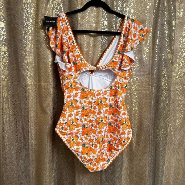 Aidonger‎ Orange Green Floral Ruched One Piece Swimsuit Large NWT - Image 2