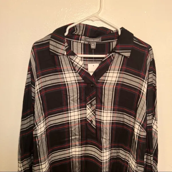 Alexander Jordan Womens Plus‎ Sz 1X Half Button Plaid Shirt Black Green Long Slv - Image 3