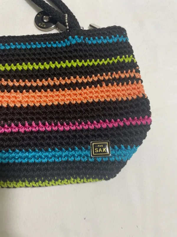 The Sak Crochet Knit Shoulder Bag Black Multicolor Striped Zip Boho Handbag - Image 8