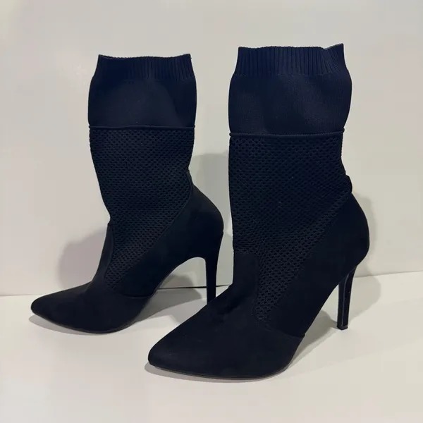 Anne Michelle Black Sock Booties Size 8 Mesh Knit Stiletto Pointed Toe Mid Calf - Image 6