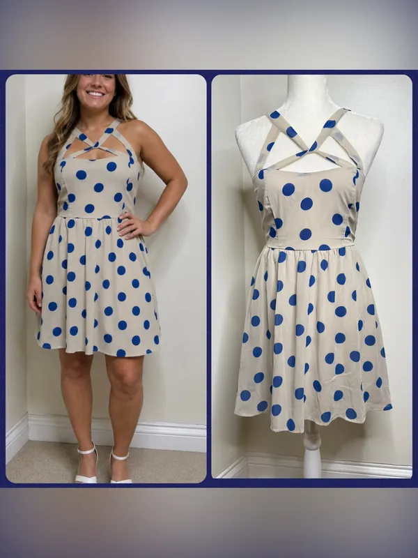 Lottie & Holly Polka Dot Fit & Flare Dress Size 8 Beige Blue Criss Cross Straps - Image 2