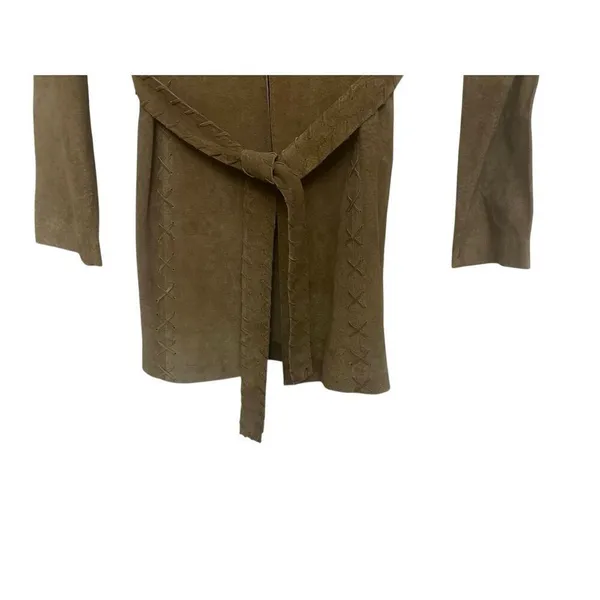 Vintage Y2K Wet Seal Leather Trench Coat Women’ Brown Suede Fringe Boho Western - Image 4