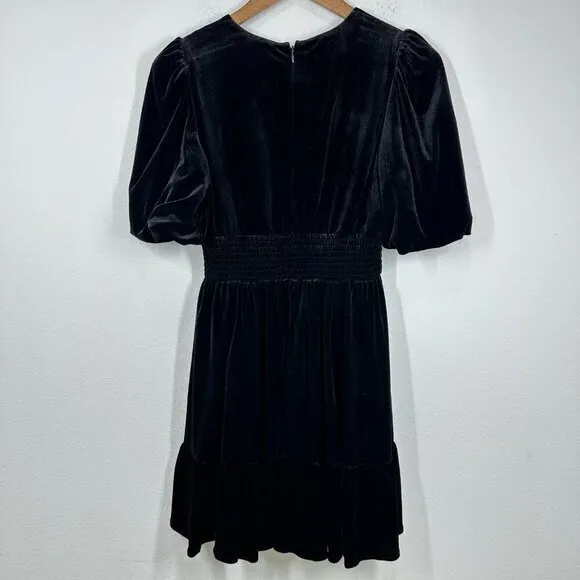 Antonio Melani Women's Size 2 Black Velvet V Neck Dress Puff Sleeve Ruffle‎ Hem - Image 3