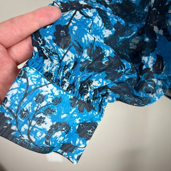 By Anthropologie Blouse Top Womens Large Blue Sheer Floral Boho Long Sleeve‎ Tie - Image 14