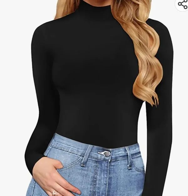 Women's mock turtle neck long sleeve bodysuit jumpsuit size large black … - Image 2