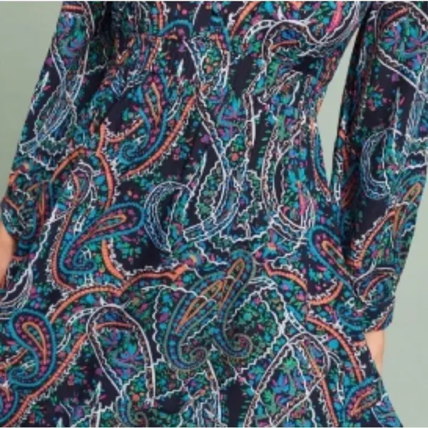 Anthropologie Maeve Women’s Paisley Long Sleeve V-Neck Dress Maplewood Blue Smal - Image 4