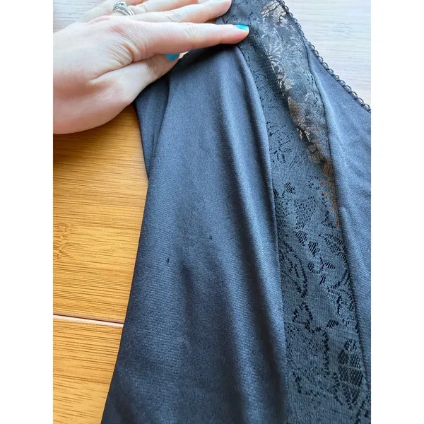 Vintage 70s Black Satin Lace Insert Plunge Sleeveless Maxi Slip Gown Whimsygoth - Image 2