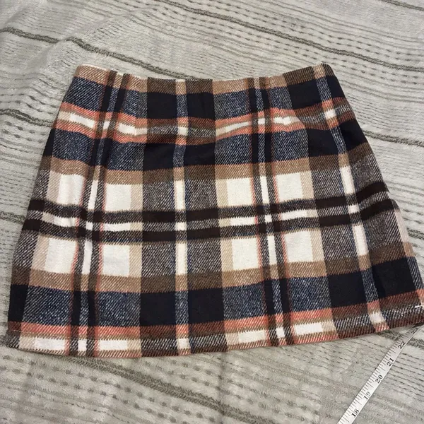 NWOT Plaid Mini Skirt Navy Brown Orange Tartan Lined Size M - Image 2