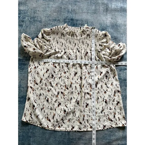 THML Cream Tan Brown Feather Not In My Cap Ruched Half Sleeve Blouse Medium - Image 4