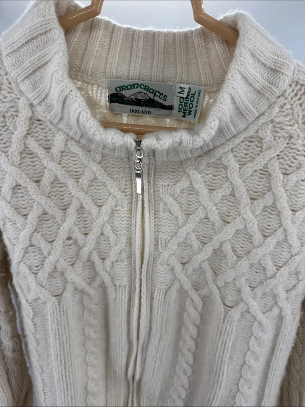 Aran Crafts Cream Cable-Texture Turtleneck zip up cropped cardigan 100% wool M - Image 8