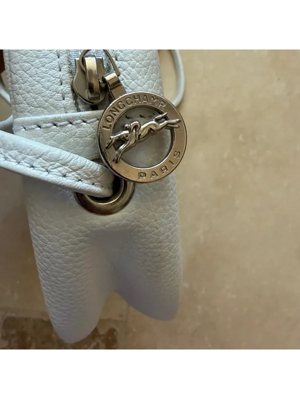 Longchamp Paris 1948 Pebbled Leather Crossbody Bag Purse Zip France White - Image 6