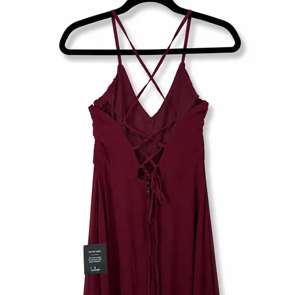 NEW Lulus Event Ready Burgundy Pleated Backless Lace-Up Sweeping Maxi Dress - Image 8