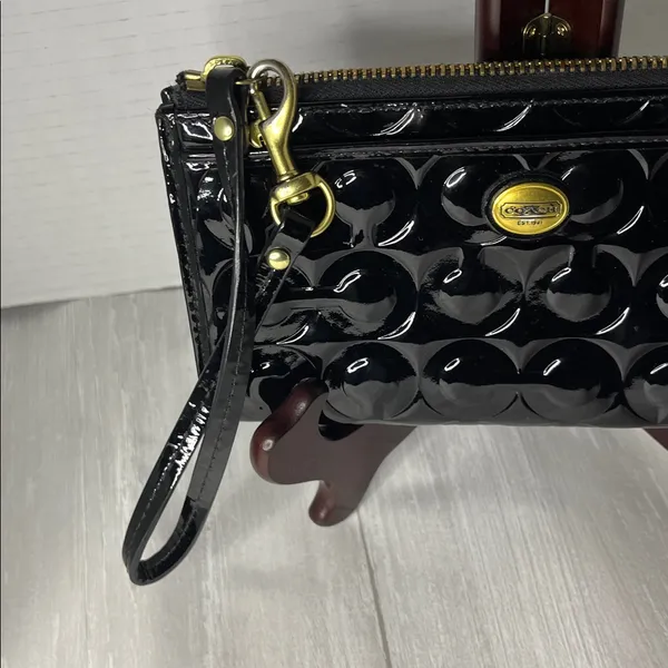 Coach Black Patent Leather Wristlet with Gold Accents - Image 3