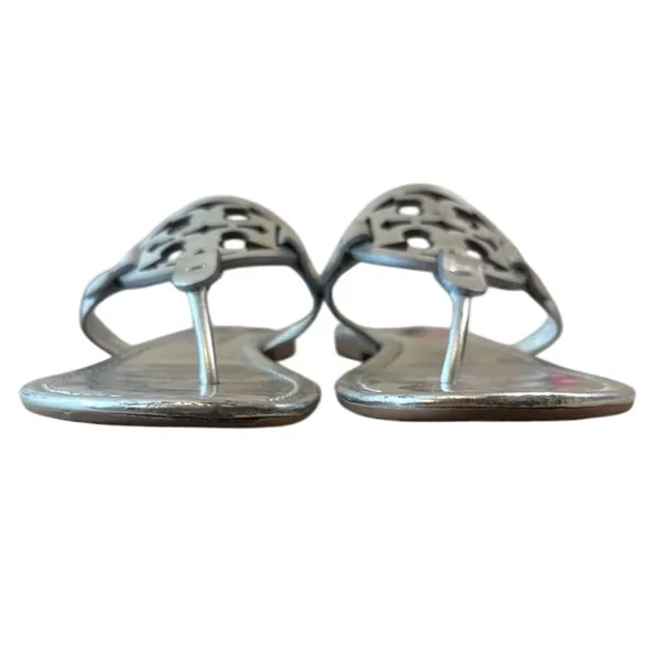 Tory Burch Miller Sandals Silver Metallic Finish Leather 9.5 Logo‎ - Image 2
