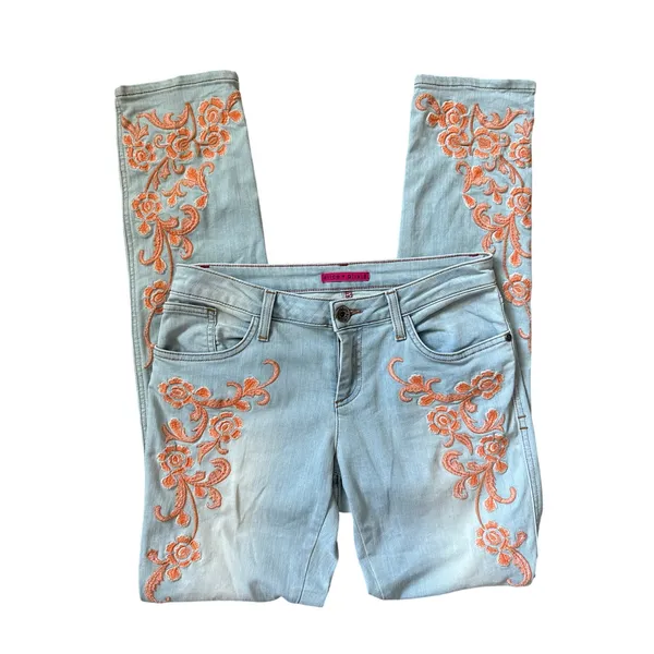 Alice + Olivia Floral Embroidered Skinny Jeans Orange Sorbet Size 30 - Image 5