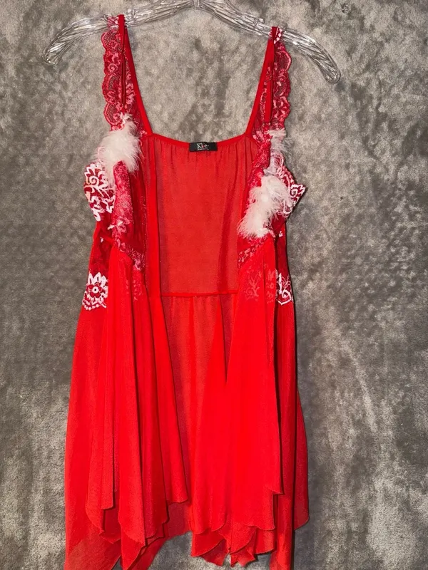 Kle Red Lace and Feather Trim Babydoll Lingerie Dress - Image 5