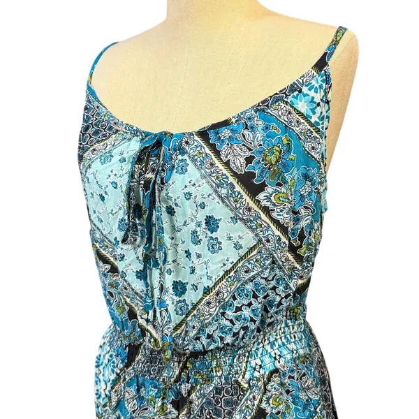 Faded Glory XL Blue Patchwork Floral Spaghetti‎ Strap Smocked Waist Maxi Dress - Image 3