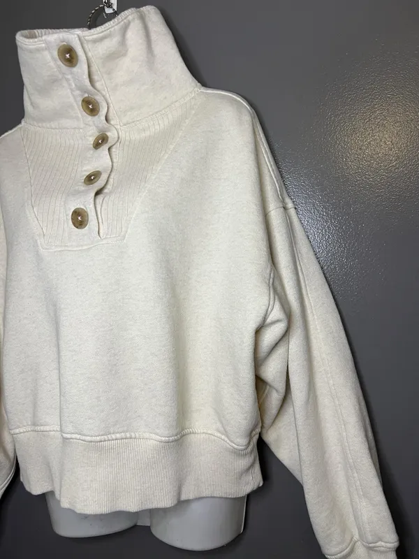 Aerie Sweatshirt Womens Medium White Button High Neck Fleece Pullover Relaxed - Image 4
