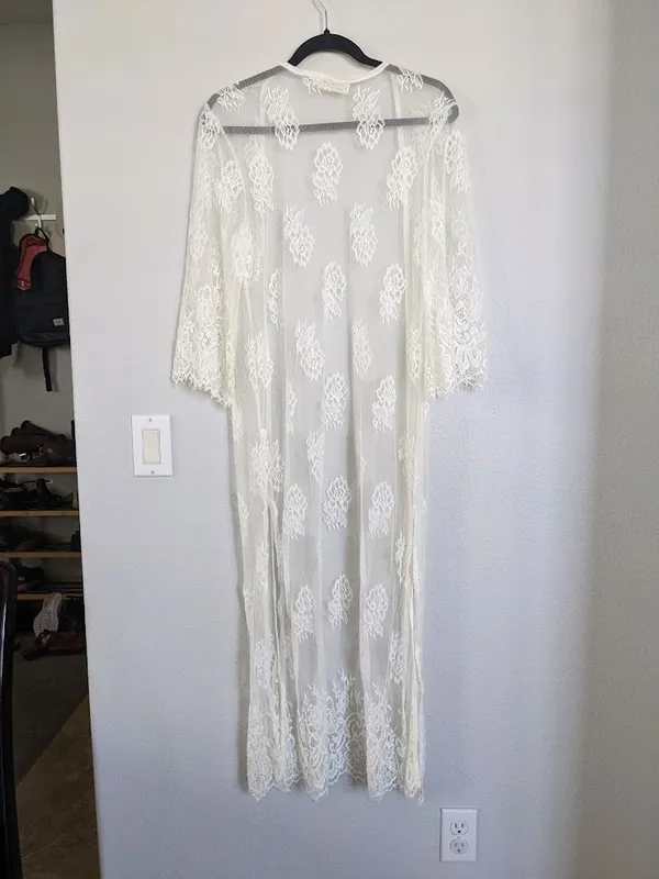 Lace Long Open Cardigan Sweater, Small, Ivory Cream - Image 6