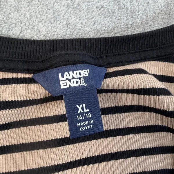 Lands' End Women's XL 16/18 Tan Black Striped Ribbed Henley Tank Top Casual - Image 2