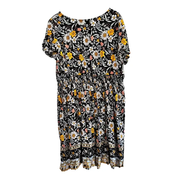 Agnes Orinda Womens 1X Floral Smocked Waist Midi Dress Black Daisy Boho 6351 - Image 3