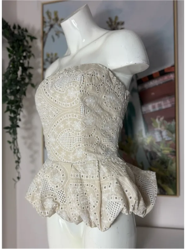 Akira Summer Time Bliss Beige Eyelet Peplum Corset Top Strapless Lace Up Size XL - Image 3