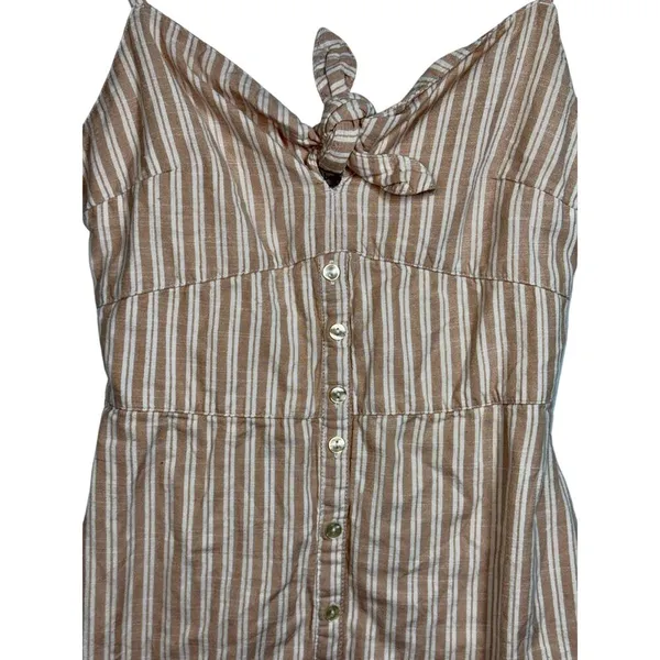 Abercrombie & Fitch White Tan Beige Striped Tie Front Smocked Mini Dress Size XS - Image 4