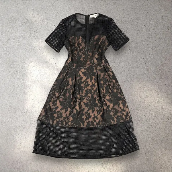 ELLIATT Velosity Midi Cocktail Dress Women's XS Black Neutral Lace Mesh Evening - Image 3