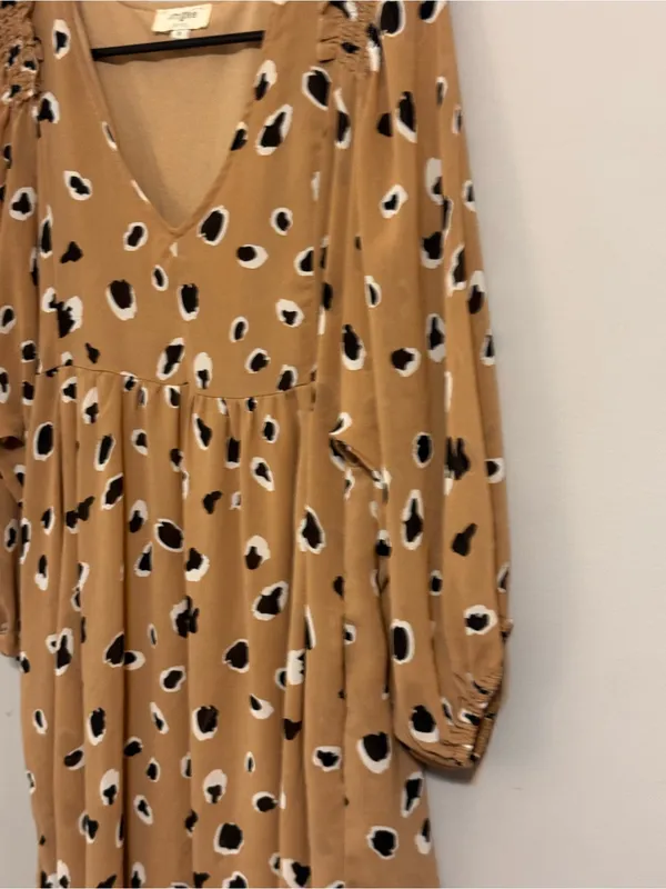 Umgee USA Leopard Print Babydoll Dress Medium Tan Black Boho V Neck - Image 4