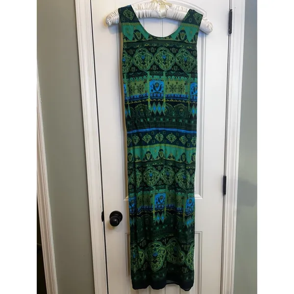 R&K Originals Size 18 Green Blue Black Geometric Scoop Neck Rayon Maxi Side Slit - Image 10
