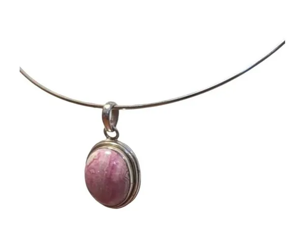 Oval Rhodochrosite Gemstone Pendant in Sterling Silver Bezel Setting - Image 3