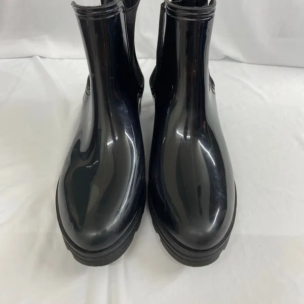 Capelli New York women's black glossy rubber ankle rain boots stretch slip on 11 - Image 2