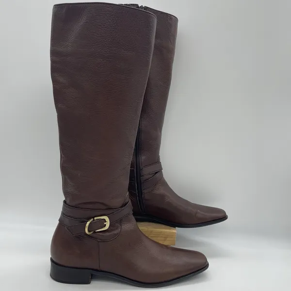 Talbots Womens 7AA Riding Boots Tall Brown Pebbled‎ Leather Gold Buckle Full Zip - Image 2