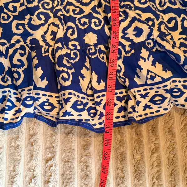 Calessa Blue‎ White Ikat Damask Tiered Cotton Mini Dress L Lined Flare Sleeve - Image 7
