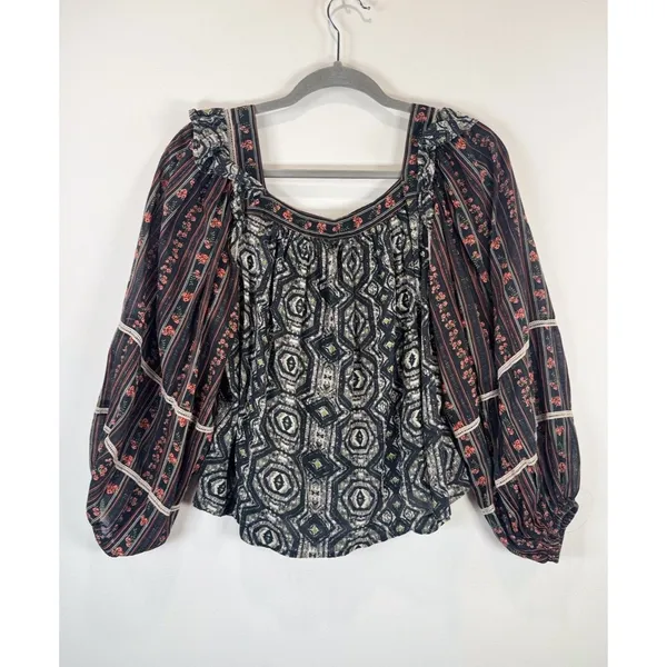 Free People Womens Top Gray Mostly Meadow Blouse Aztec Babydoll Boho Medium - Image 7