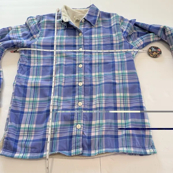 LL Bean Blue Plaid Fleece Lined Flannel Button Up Shirt Jacket Shacket Size XS - Image 7