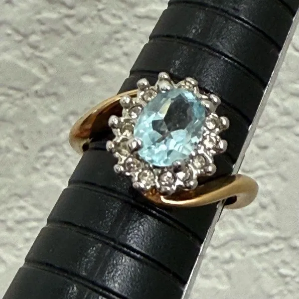 Vintage 18KGE Aquamarine Blue Topaz CZ Ring Size 7 3g. - Image 12