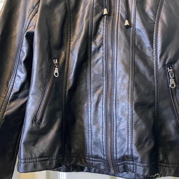Faux Leather Double Zip Biker Jacket Black - Image 8