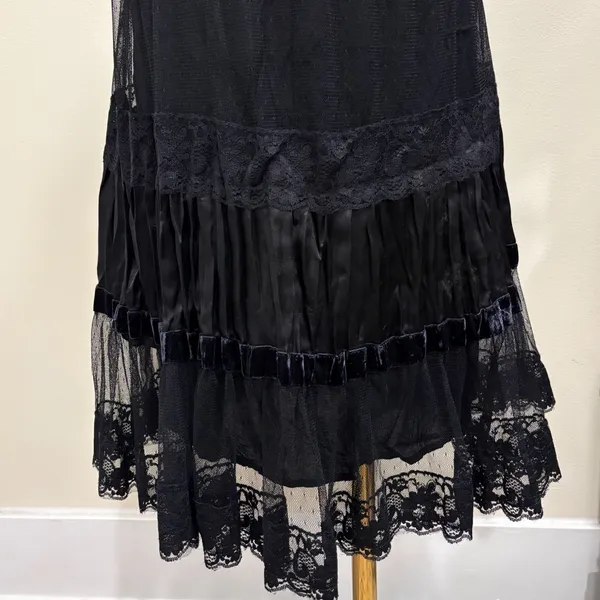 Y2K Two of Us Black Strapless Lace Velvet Tiered Midi Dress Fairy Whimsigoth L - Image 7