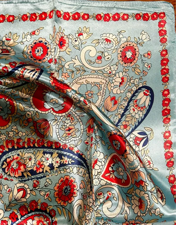 VINTAGE aqua blue paisley super boho print oversized silky scarf 35/35 - Image 8