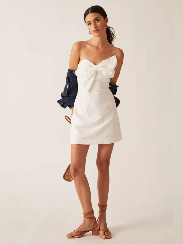 Hutch Strapless White Bow-Front Lace Mini Dress - Image 3